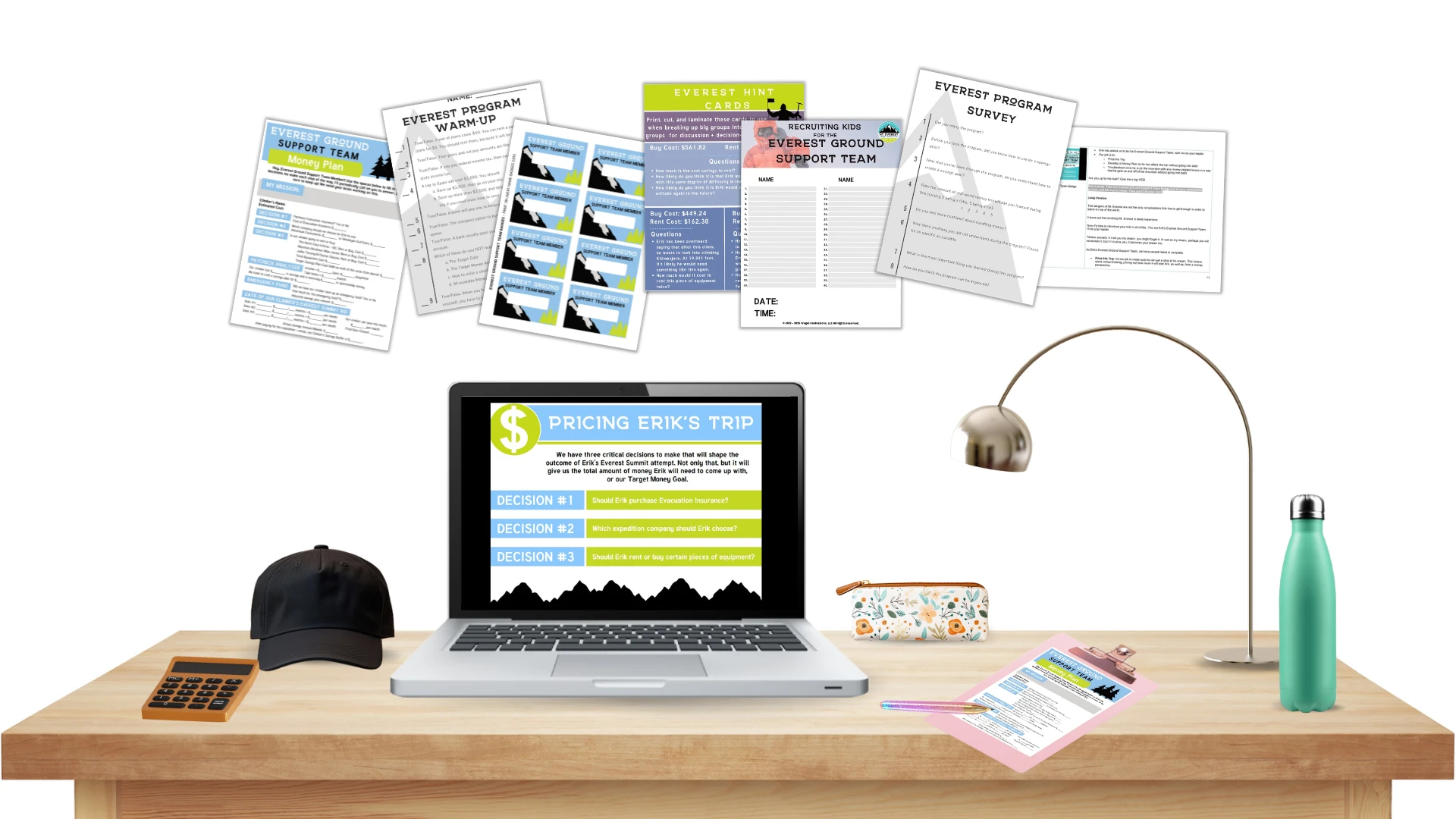 desk with a laptop showing part of the simulation, and each of the worksheets that comes along with it