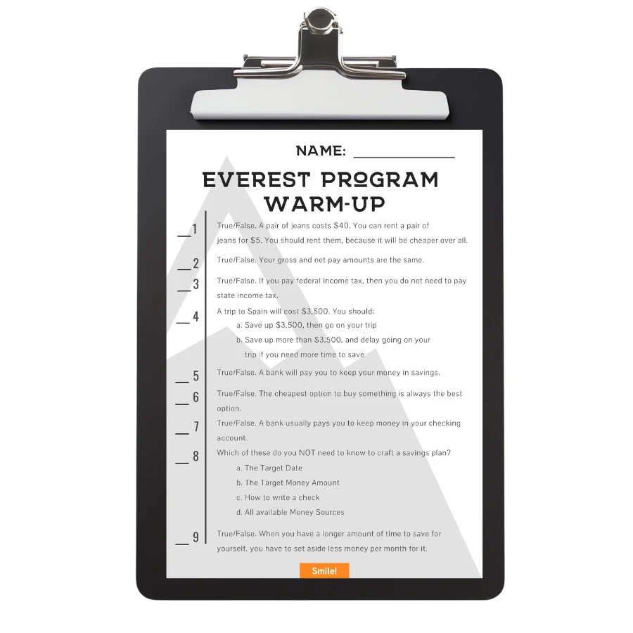 black clipboard with Everest Program Warm-Up quiz on it