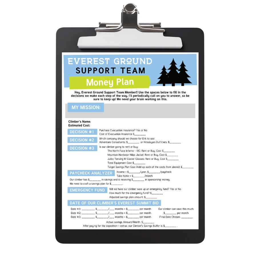 black clipboard with money plan worksheet attached