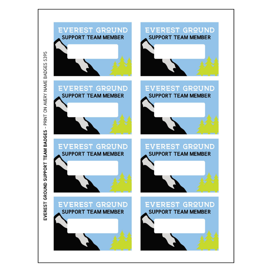 sheet of colorful Everest Ground Support Team Member badges to print on Avery Badges 5395 sheet