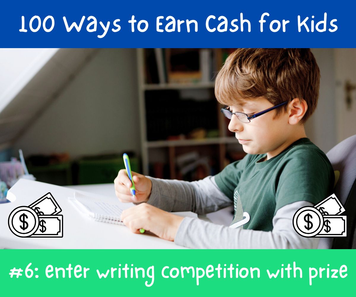 boy writing to enter into a writing competition with a cash prize