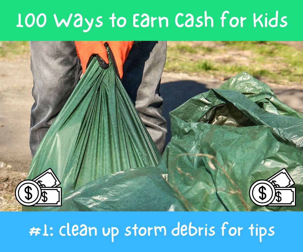 teen in gloves dragging storm debris in heavy duty bags