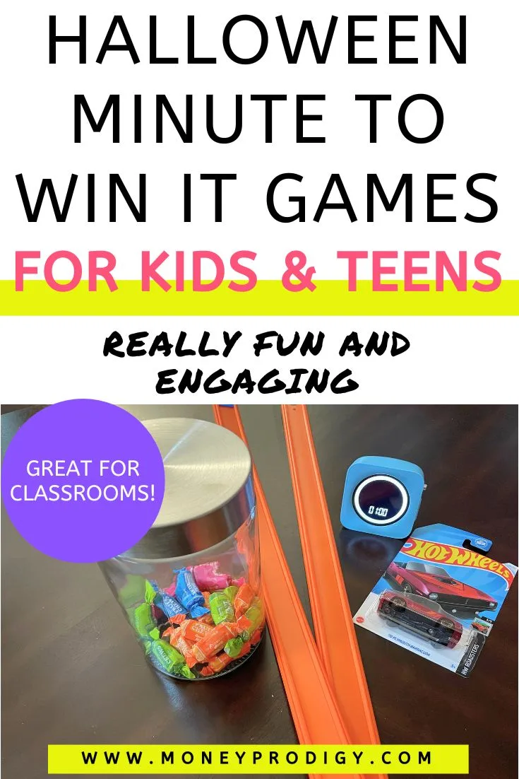 two car tracks, timer set at 1:00, Hot Wheels, and candy in a jar on a dark table, text overlay "Halloween minute to win it games for kids & teens"