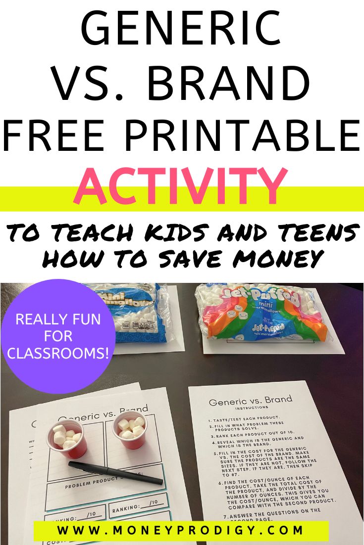 dark table with free printable taste testing activity and two marshmallow bags, text overlay "generic vs. brand free printable activity"