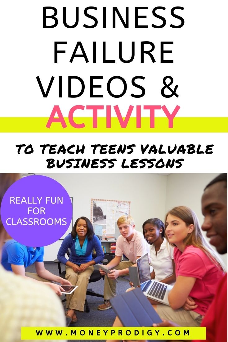 group of business high school students in circle seating, text overlay "business failure videos & activity reall- fun for classrooms"