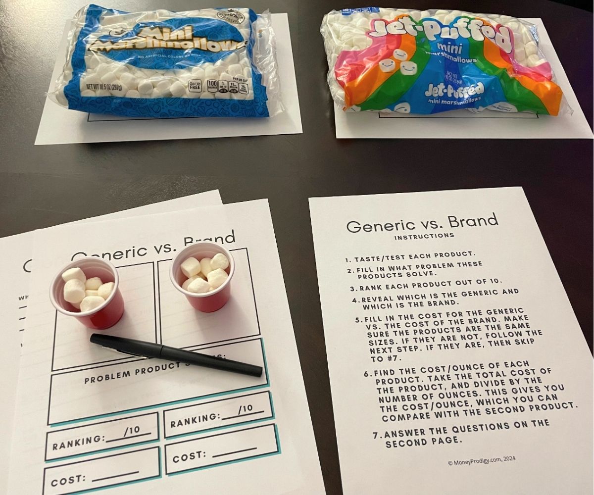 generic marshmallows next to brand marshmallows with free printables to compare