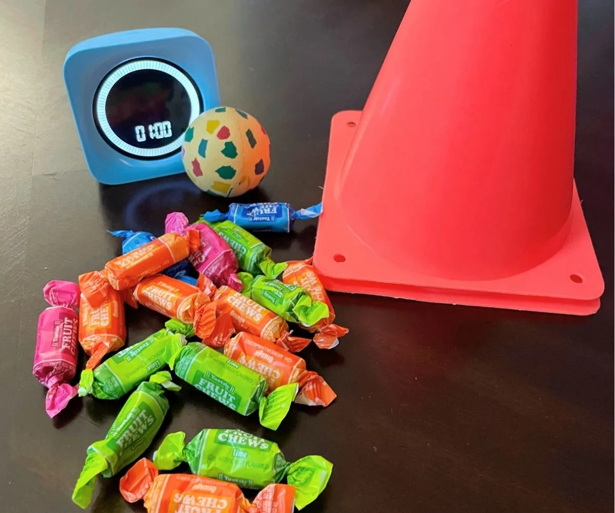 two bright orange safety cones, 1 minute timer, bigger rubber ball, and pile of wrapped candy
