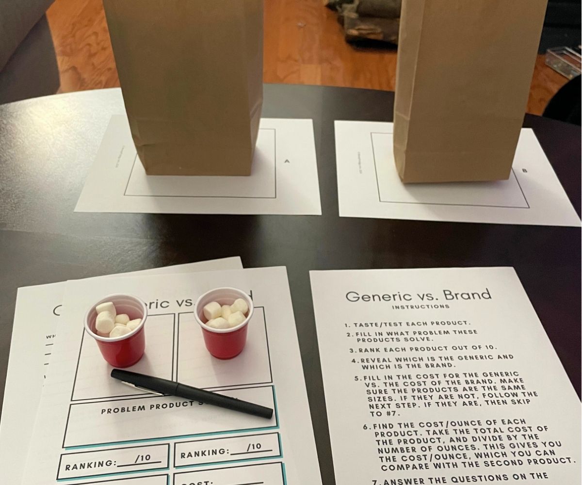 free printable generic vs. branded pdfs with two small red cups filled with marshmallows, plus the generic and branded bags covered up