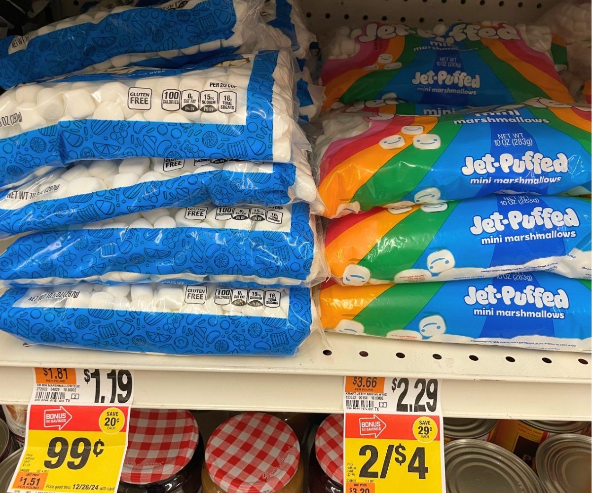 jet puffed branded marshmallows on store shelf next to generic brand at much less cost