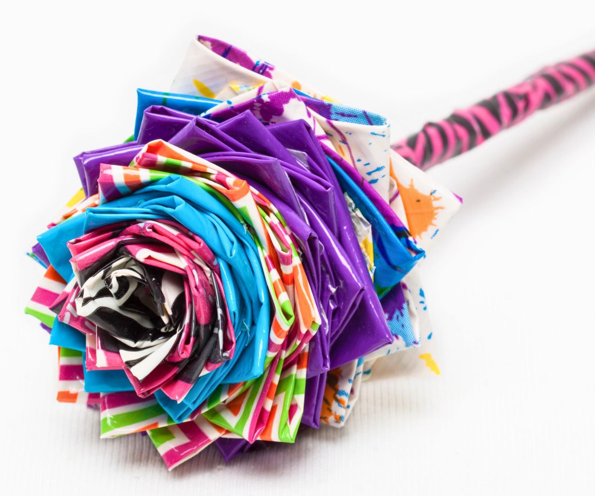 colorful duct tape rose on white background