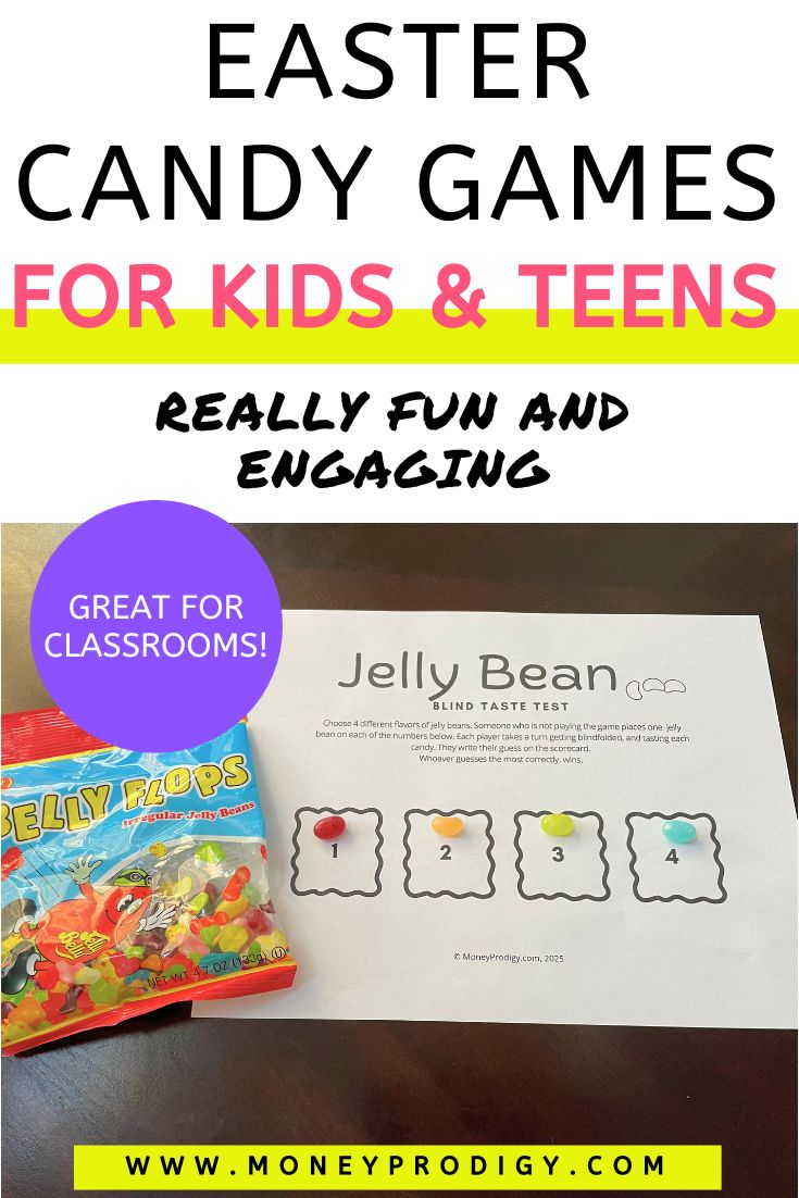 jelly belly bean flops package next to printable, text overlay "Easter candy games for kids & teens"