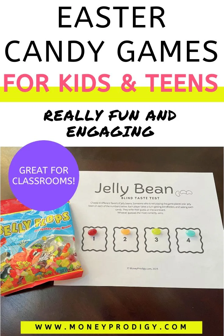jelly belly bean flops package next to printable, text overlay "Easter candy games for kids & teens"