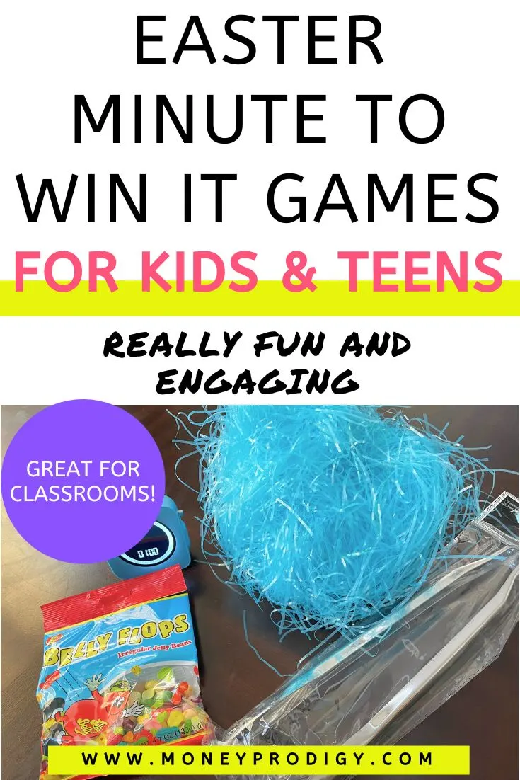 bright blue Easter grass, jelly belly bean flops, timer, and tongs, text overlay "Easter Minute to Win It Games for Kids & Teens"