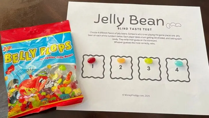 jelly belly flops package next to free printable Jelly Bean Blind taste testing