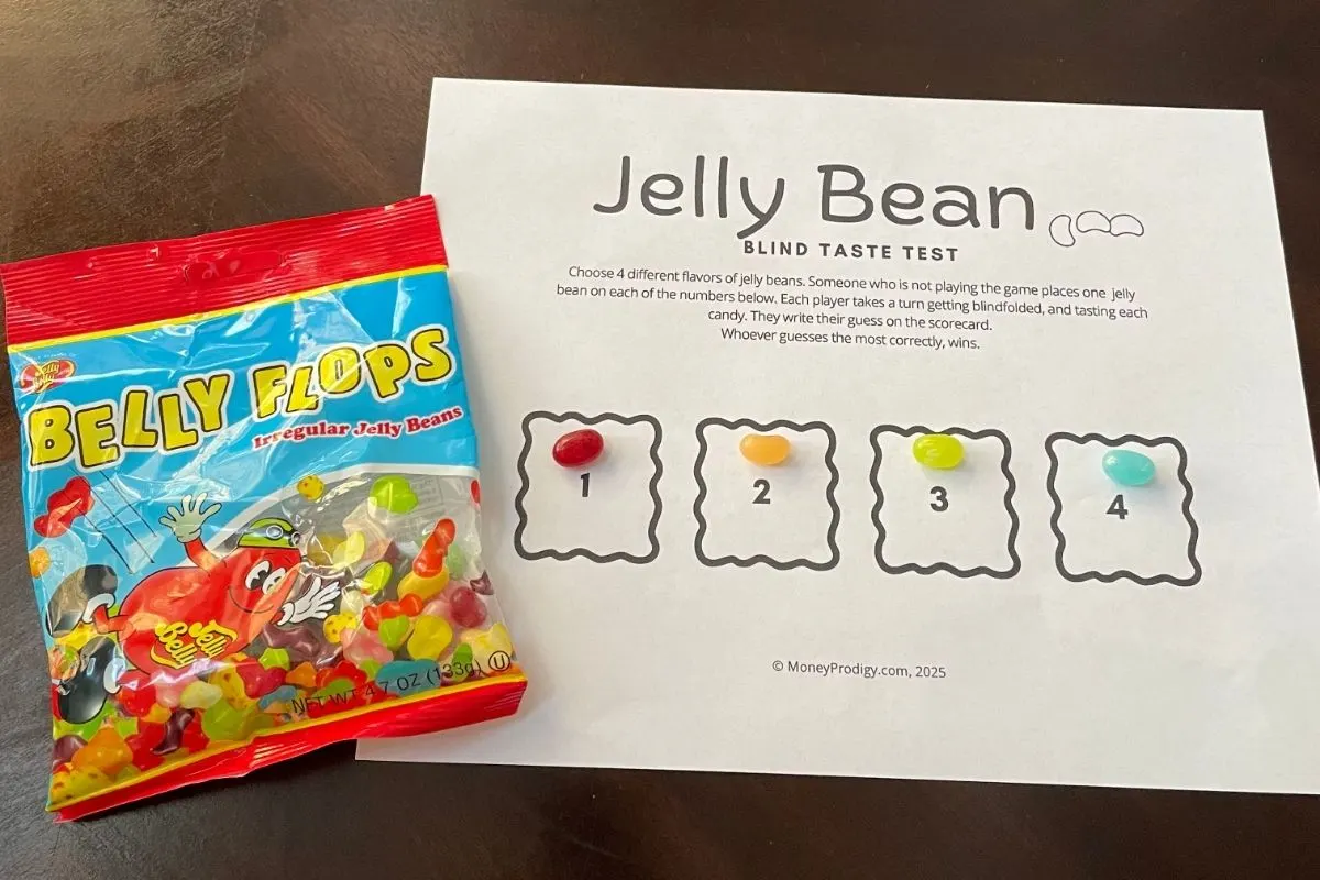 jelly belly flops package next to free printable Jelly Bean Blind taste testing