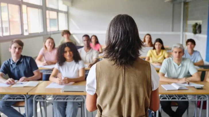 business high school students looking at business teacher in class