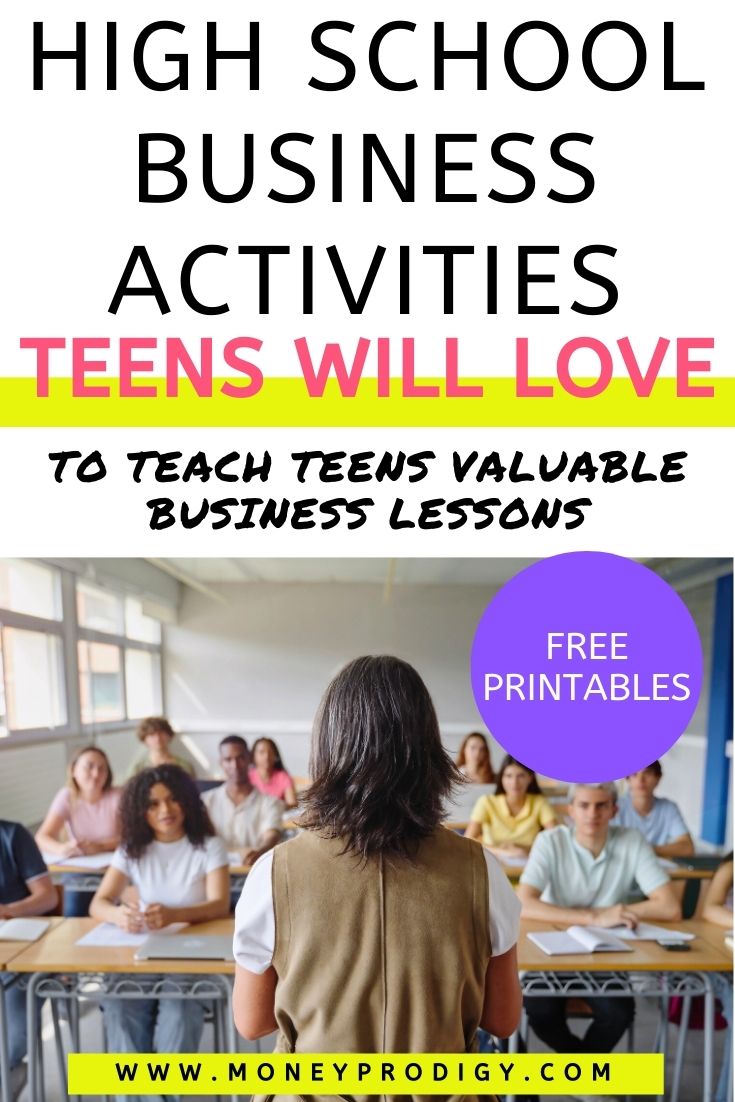business class students looking at front to teacher, text overlay "high school business activities teens will love"
