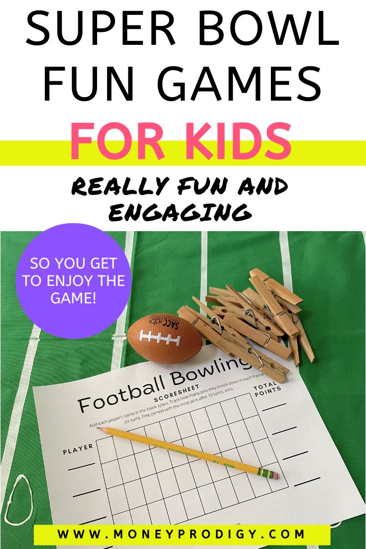 free printable football bowling game with clothespins and toy football, text overlay "super bowl fun games for kids"