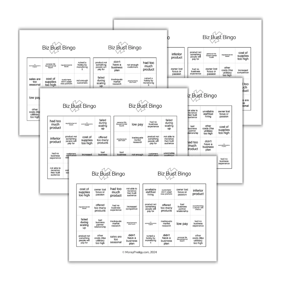 set of Biz Bust Bingo printables on white background