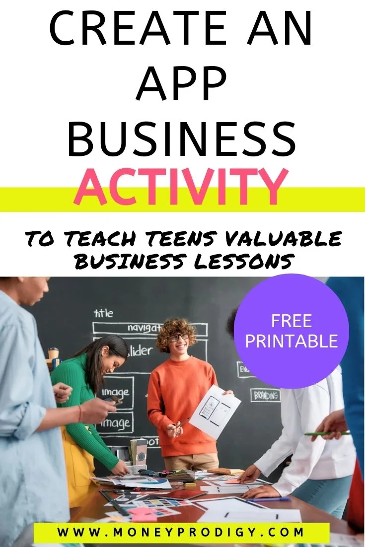 group of students creating an app, text overlay "create an app business activity, free printable"