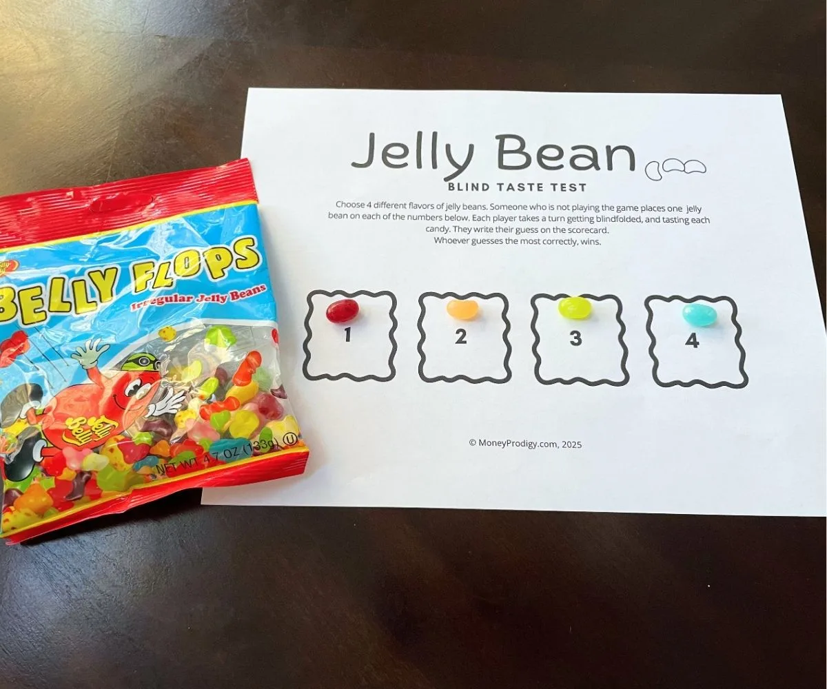 free printable tasting mat with four different colored jelly beans on it