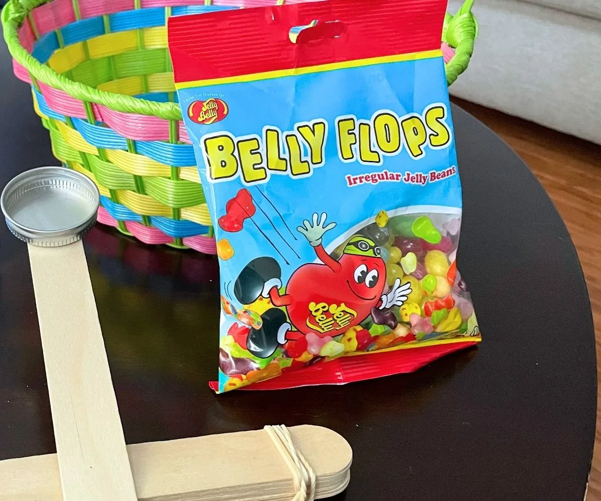 jelly belly flop beans with Easter basket and a homemade catapult