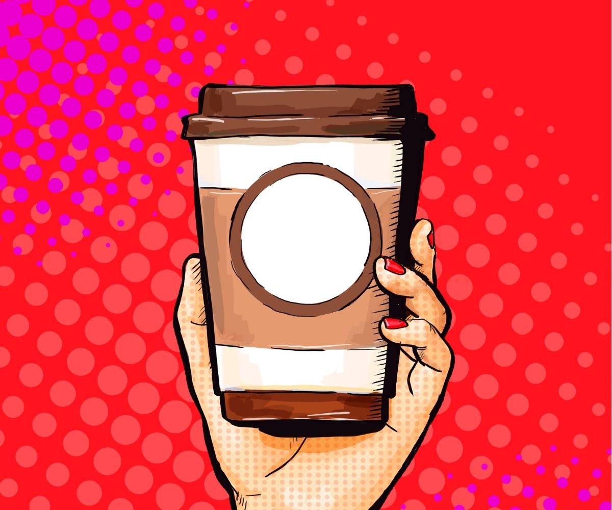 bright pop art hand holding to-go coffee cup