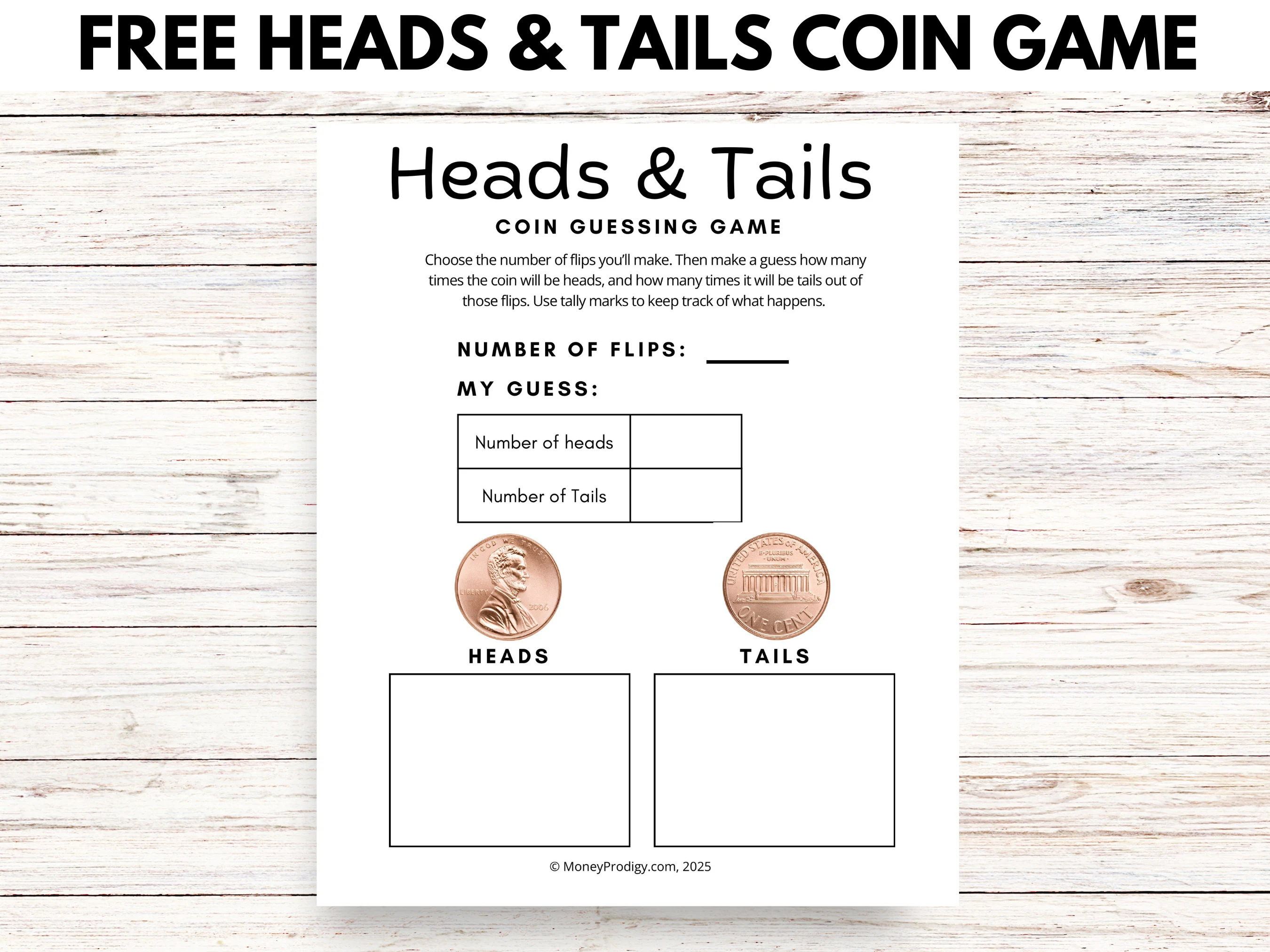 Heads & Tails Free printable worksheet on wooden background