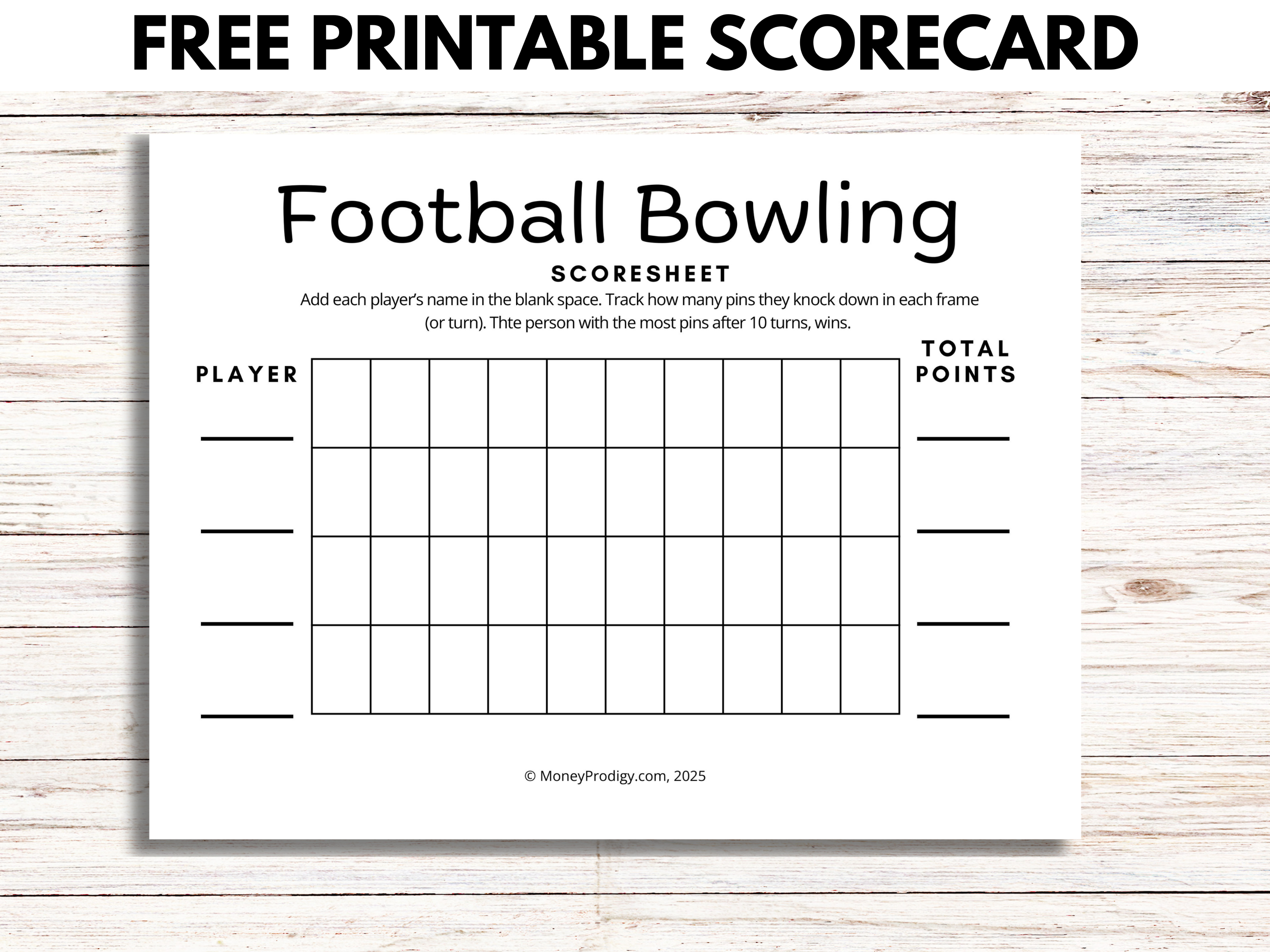 black and white Football Bowling scorecard on wooden background