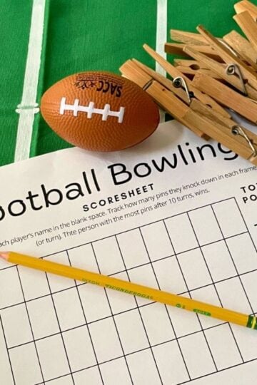 free printable Football Bowling game with clothespins, pencil, and toy football