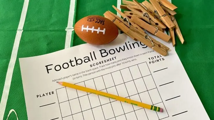 free printable Football Bowling game with clothespins, pencil, and toy football