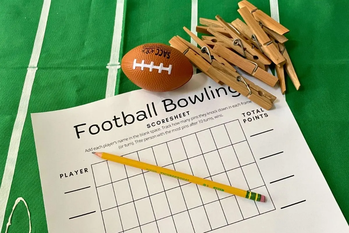 free printable Football Bowling game with clothespins, pencil, and toy football