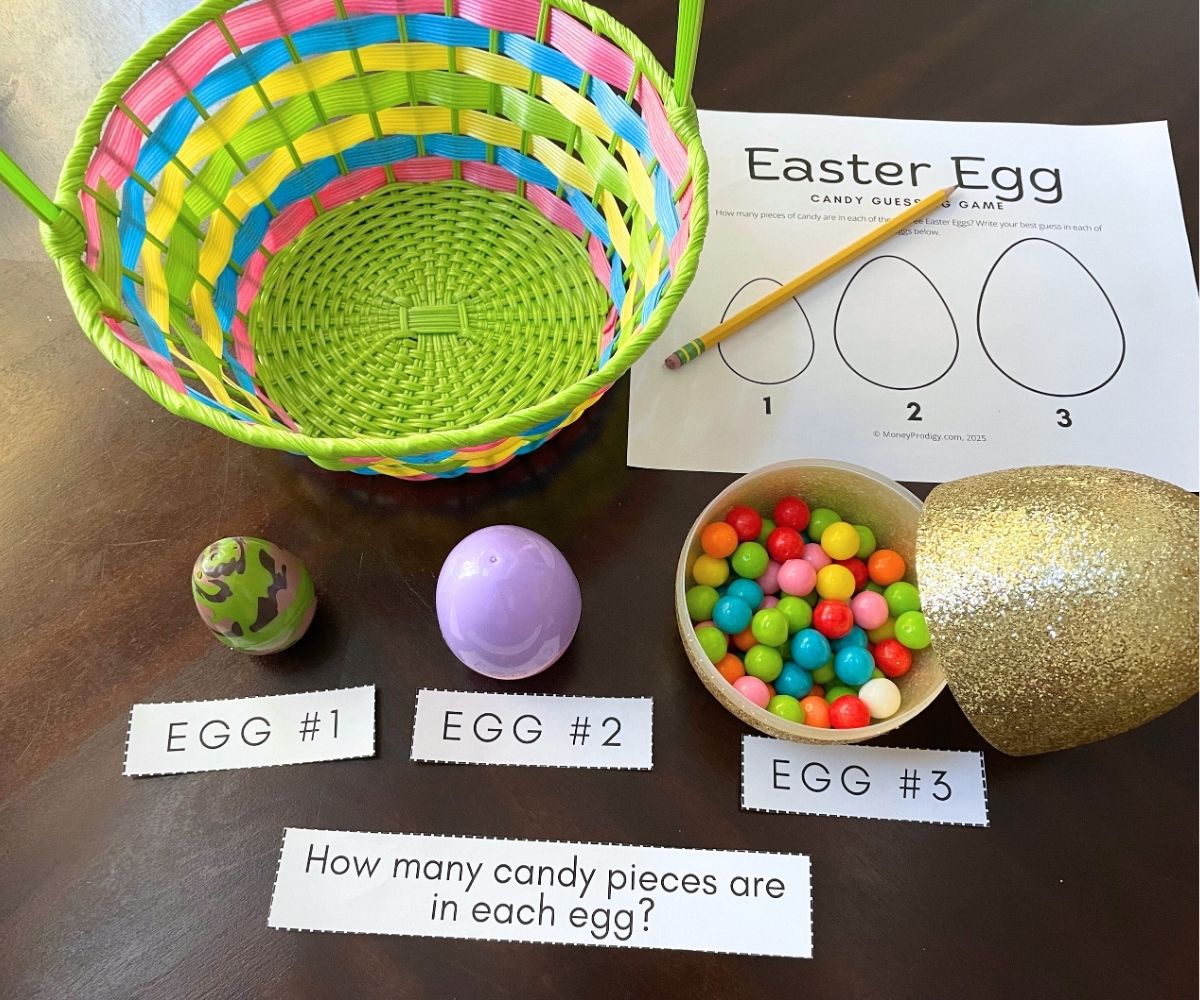 three different sized Easter eggs filled with hard candy and free printable to guess the number
