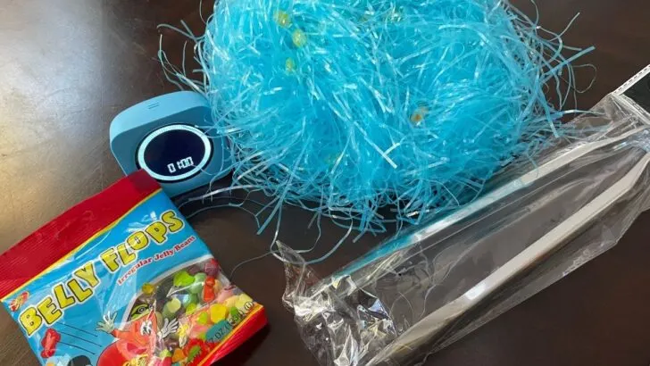 bright blue Easter grass, jelly belly bean flops, silver tongs, and timer set to 1 minute