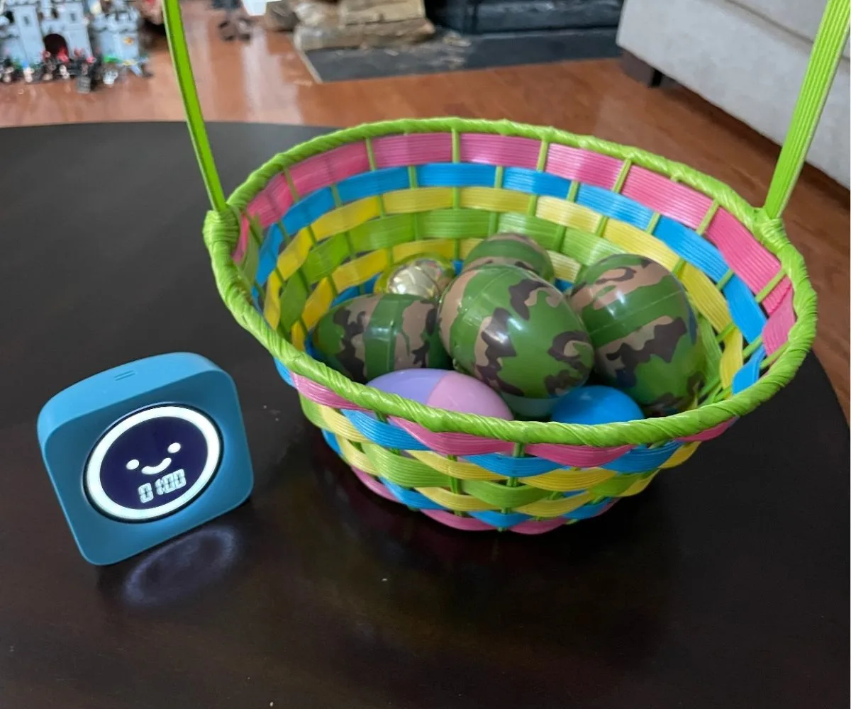 Easter basket full of Easter eggs with 1 minute timer set