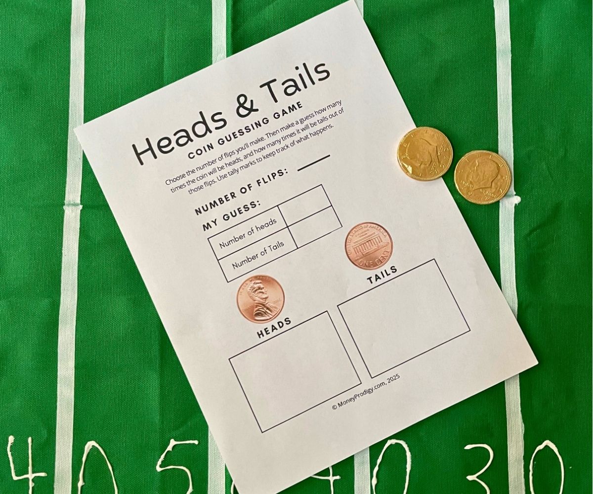 free printable Heads & Tails Super Bowl football game for kids with two large chocolate coins on table