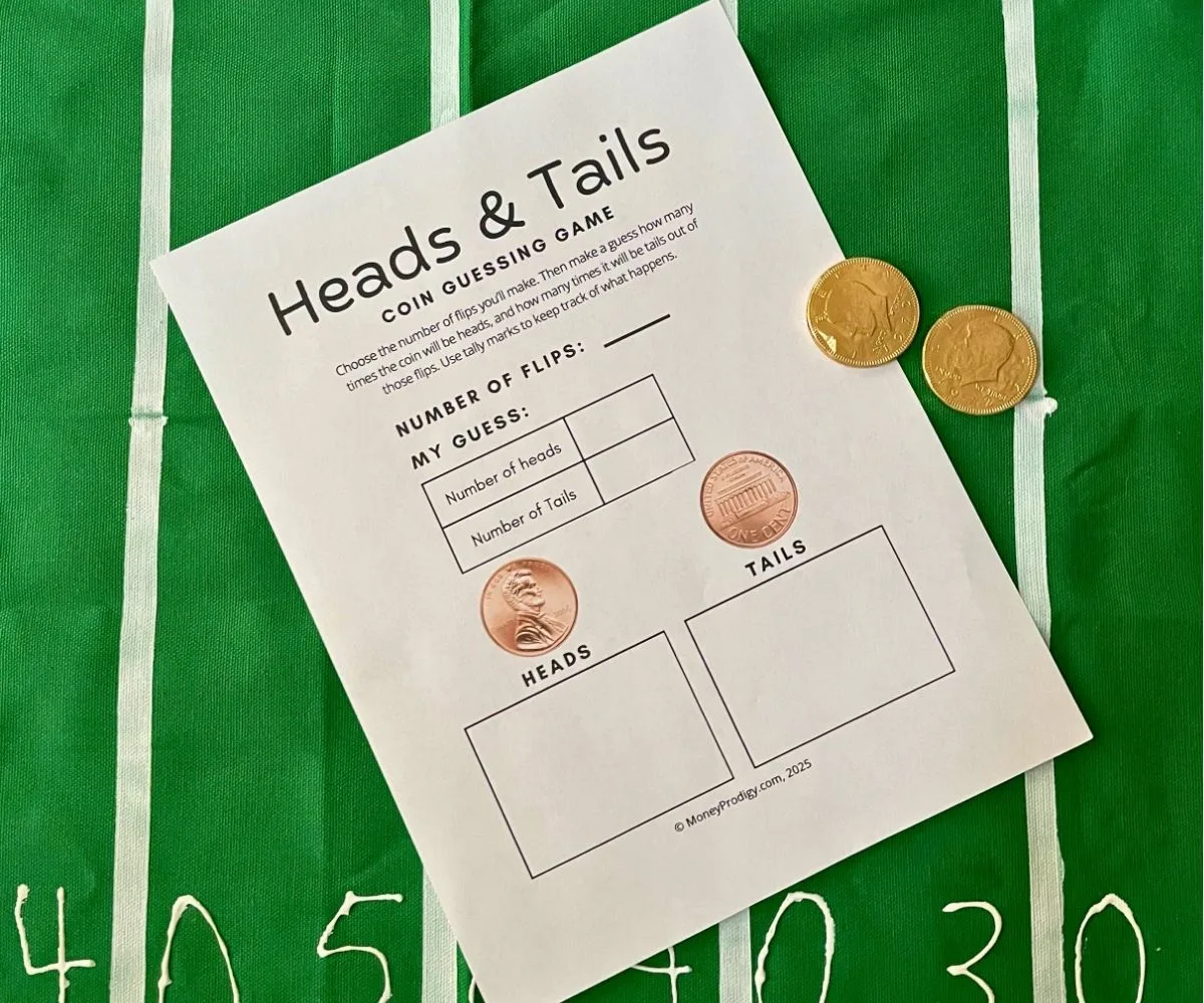 free printable Heads & Tails Super Bowl football game for kids with two large chocolate coins on table