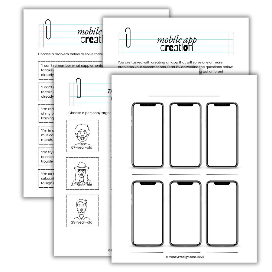 four printable sheets for the create a mobile app activity on a white background