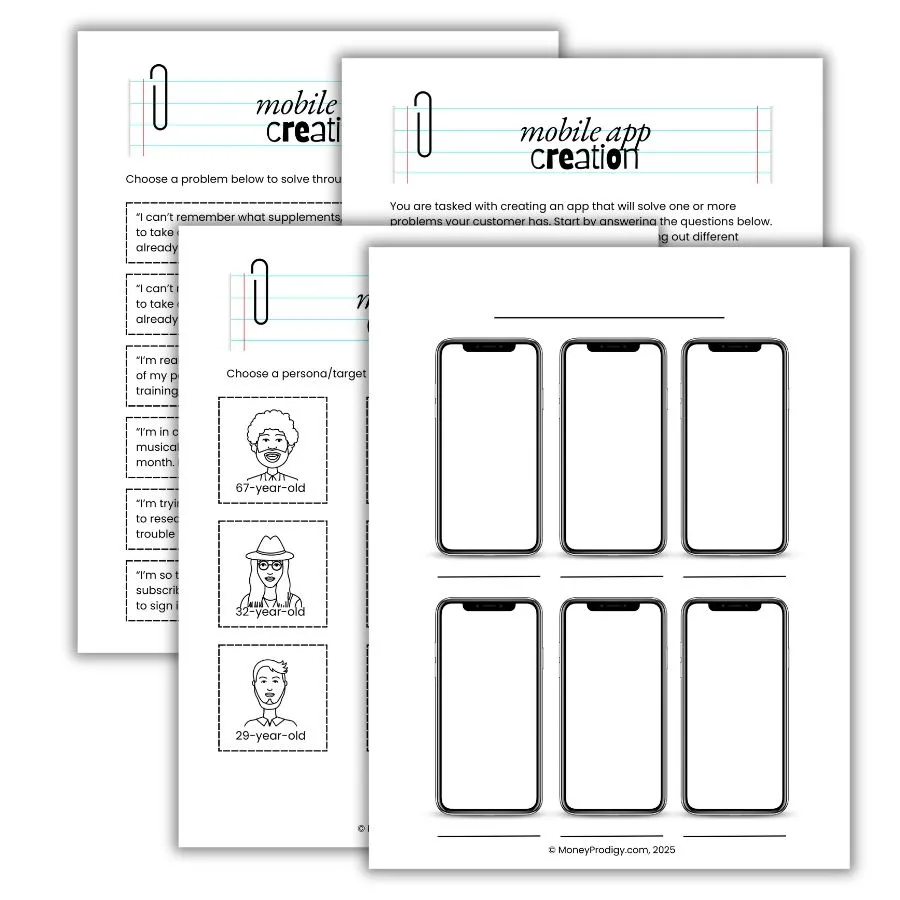 four printable sheets for the create a mobile app activity on a white background