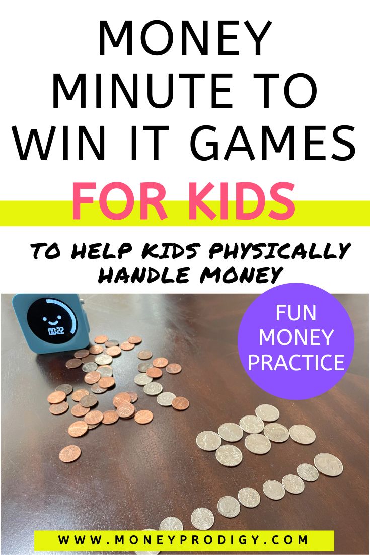 two piles of coins and a timer, text overlay "money minute to win it games for kids"
