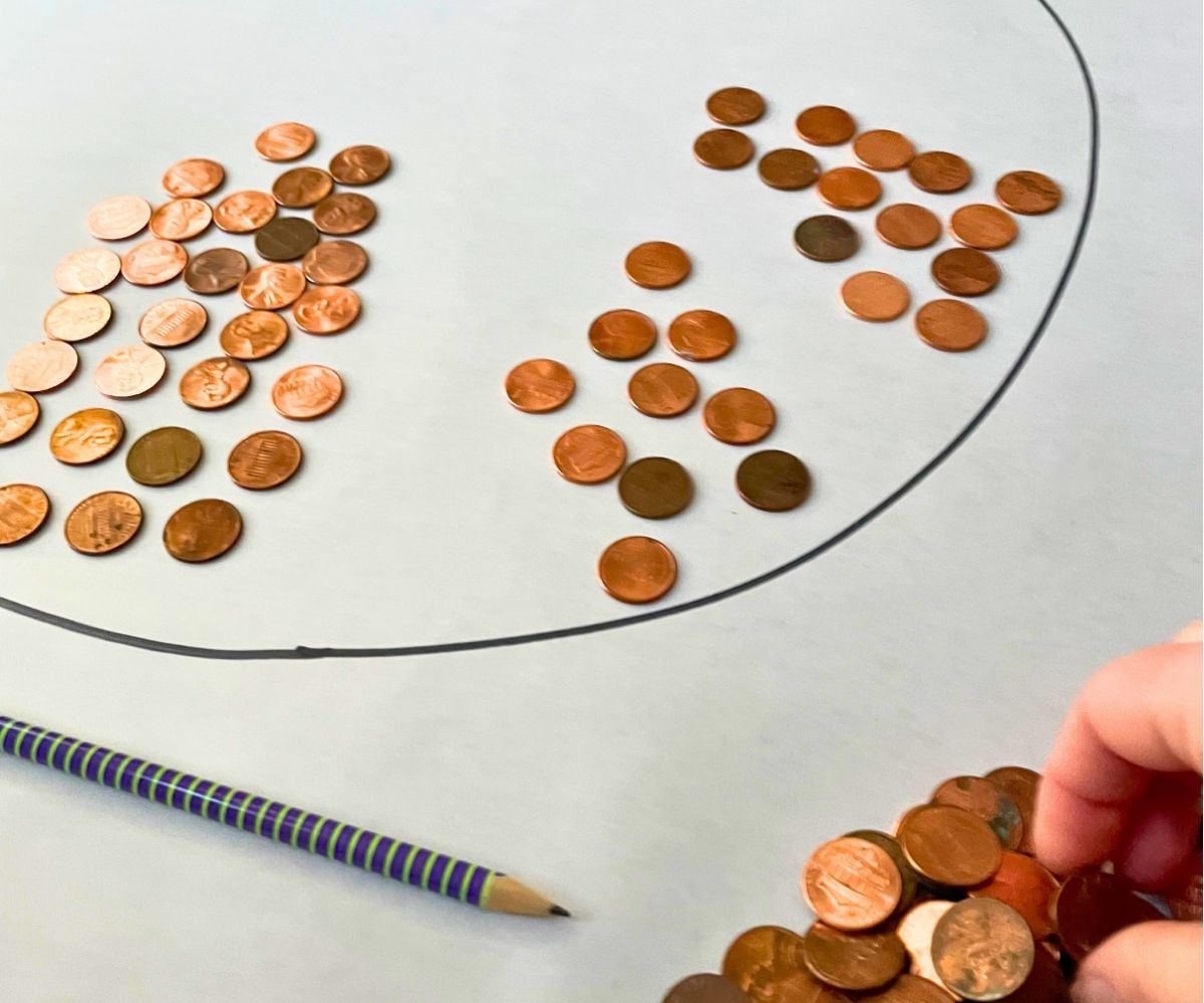 hand counting out pennies to be put into big pie chart