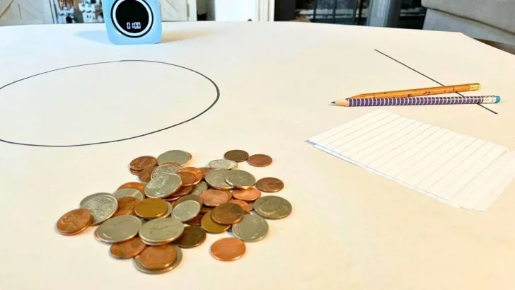 large white sheet of paper, timer, big pile of coins, pencils, scratch paper, and big circle in center