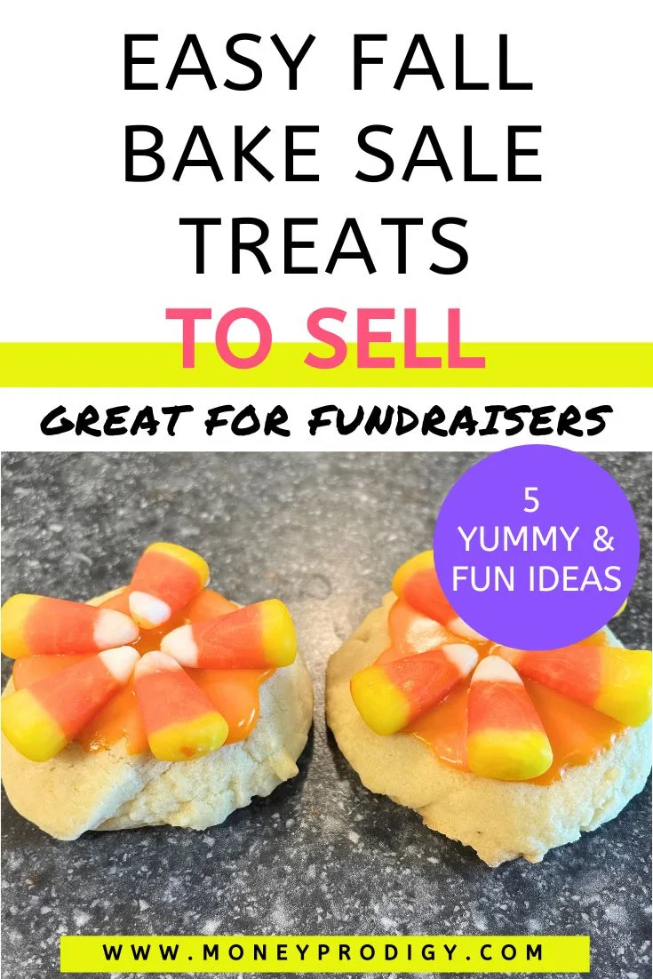 two candy corn coated cookies, text overlay "easy fall bake sale treats to sell"