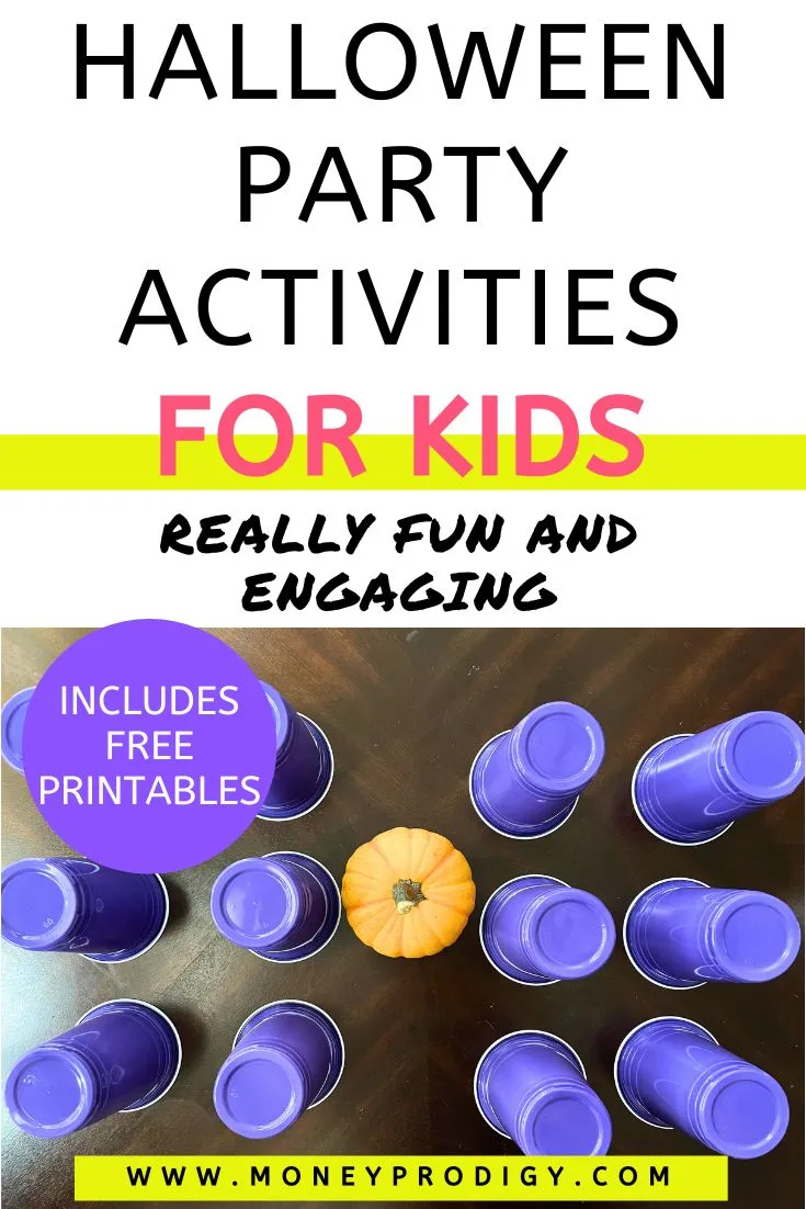 dark purple cups upside down in rows on table, text overlay "Halloween Party Activities for Kids"