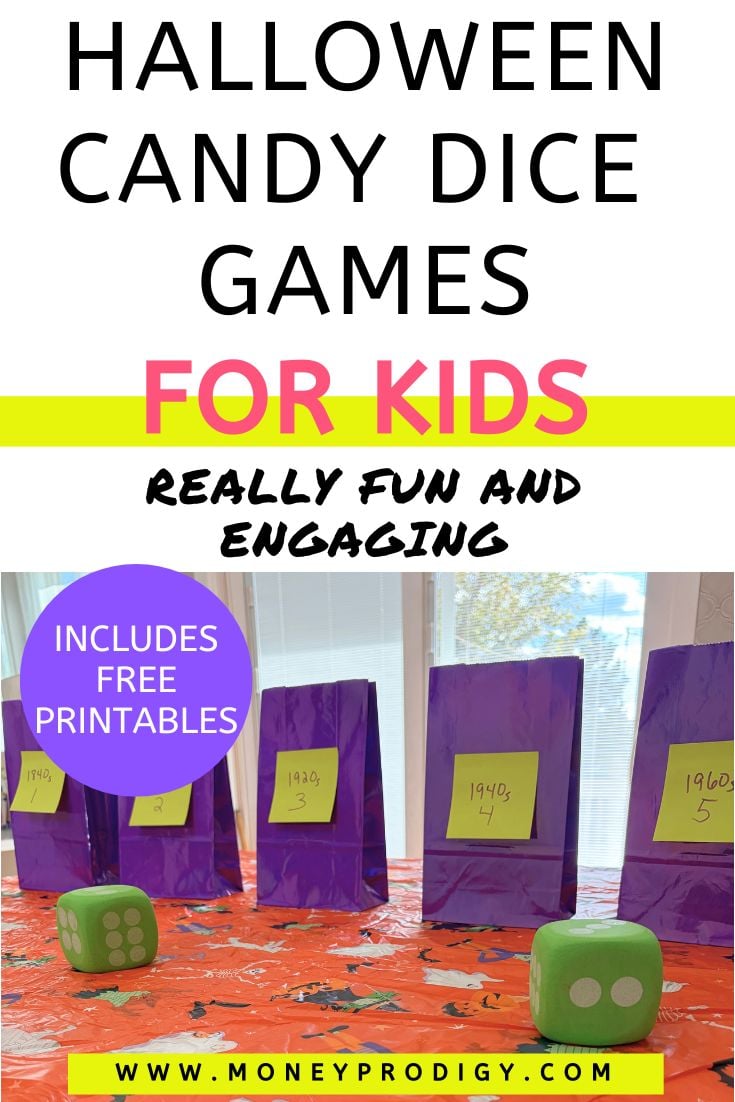 bright orange Halloween tablecloth with purple bags on it, text overlay "Halloween candy dice games for kids"