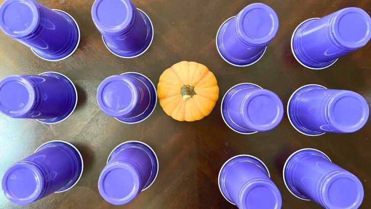 three rows of dark purple cups upside down with mini pumpkin on table