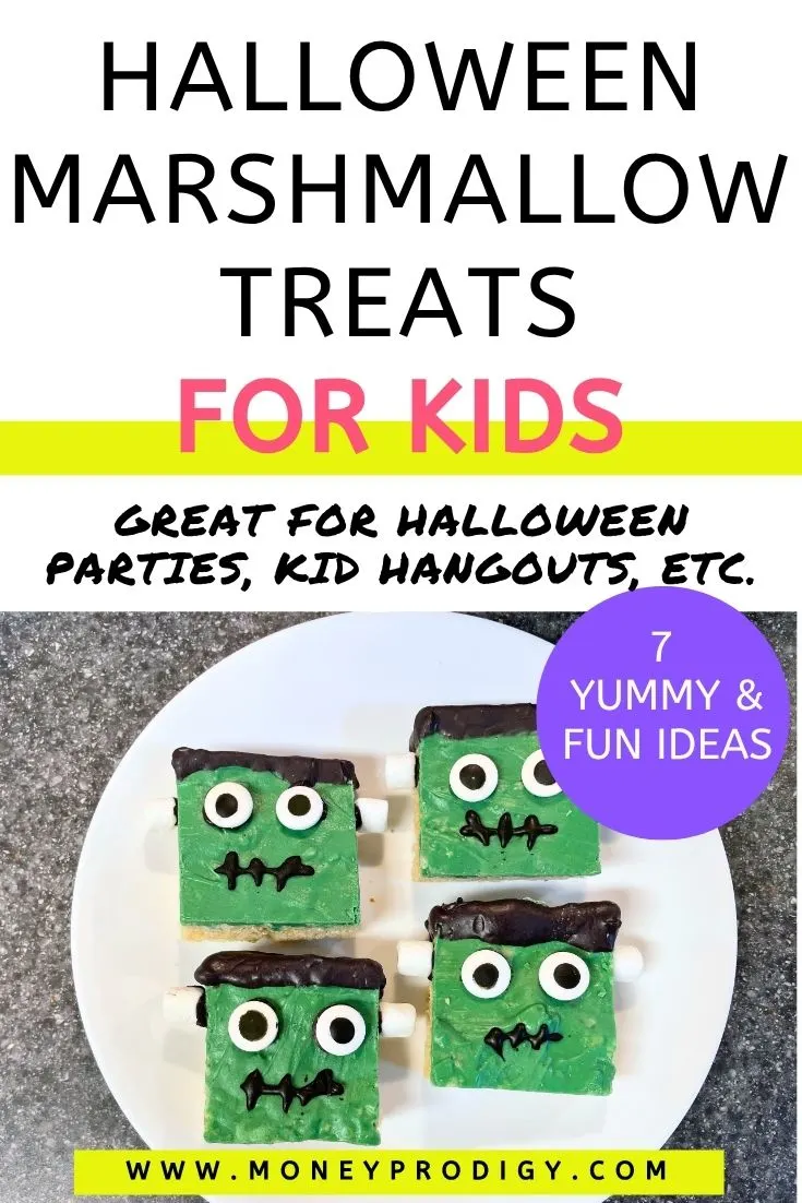 green and black frankenstein rice krispies treats on plate, text overlay "halloween marshmallow treats for kids"