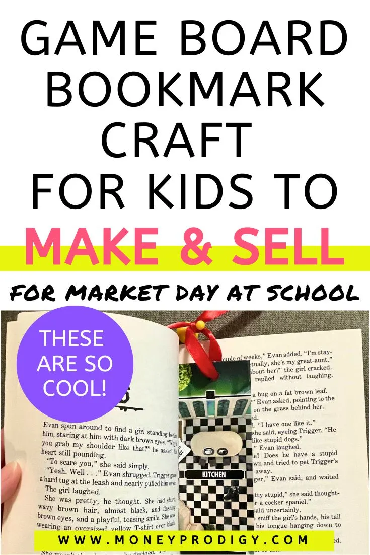 opened Goosebumps book with gameboard bookmark in it, text overlay "gameboard bookmark craft for kids to make and sell"