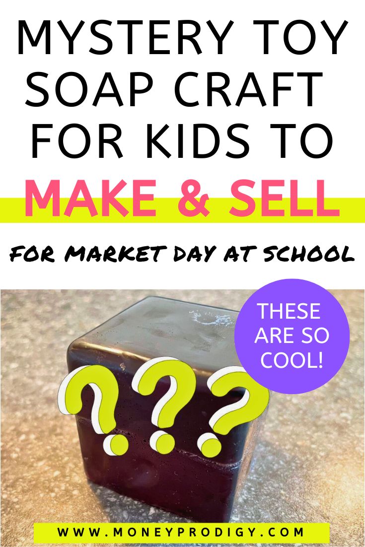 black cube of soap with three question marks on it, text overlay "mystery toy soap craft for kids to make and sell"