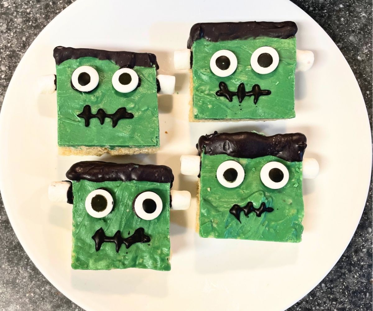 green and black Frankenstein rice krispies treats with eyes